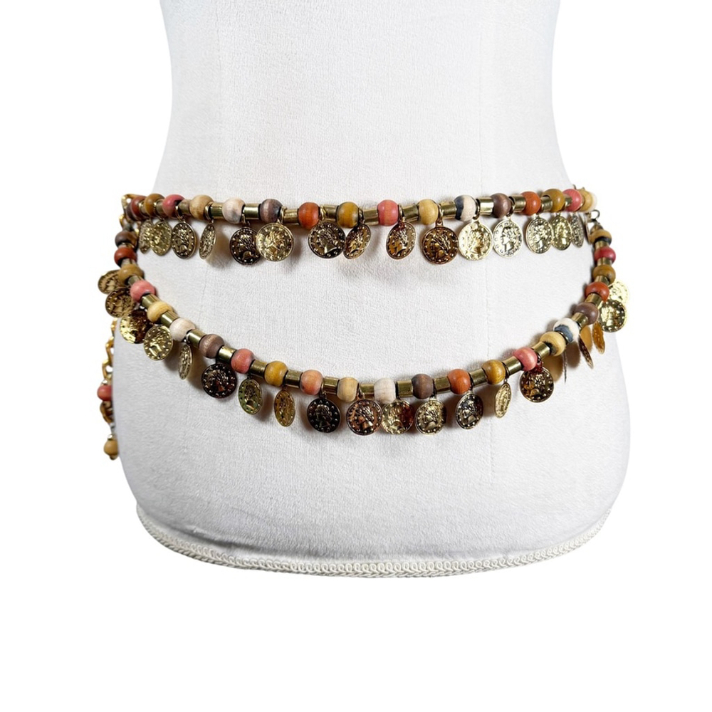 Boho Statement Layered Double Strand Waist Belt Coins Wood beads Hippie Gypsy OS - Picture 10 of 10
